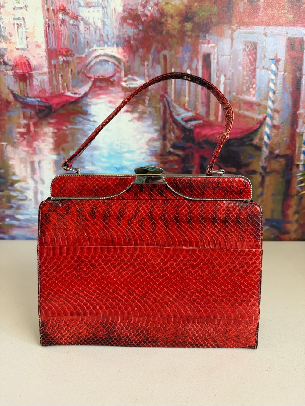 Vintage 1950s CORET Canada Genuine Snakeskin Red Frame Handbag